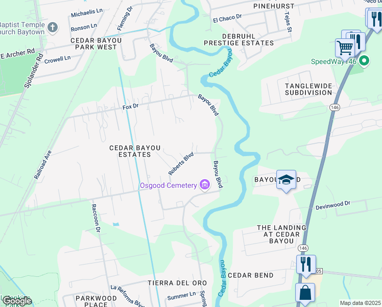 map of restaurants, bars, coffee shops, grocery stores, and more near 3916 Roberts Boulevard in Baytown