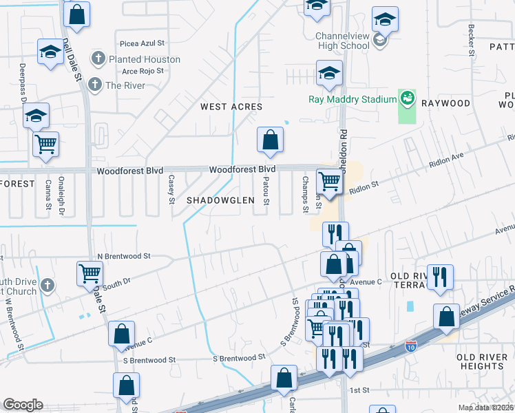 map of restaurants, bars, coffee shops, grocery stores, and more near 710 Norell Street in Channelview