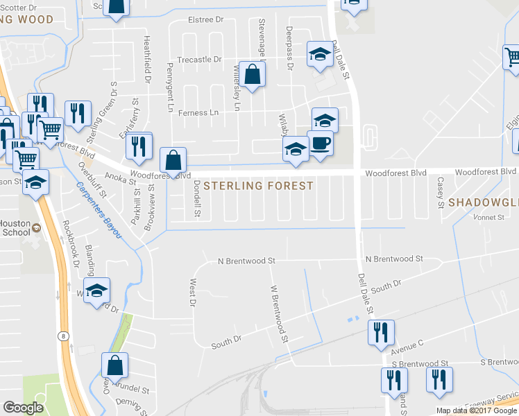 map of restaurants, bars, coffee shops, grocery stores, and more near 719 Stonyridge St in Channelview
