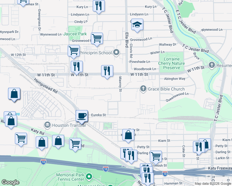 map of restaurants, bars, coffee shops, grocery stores, and more near 3267 Maxroy Street in Houston