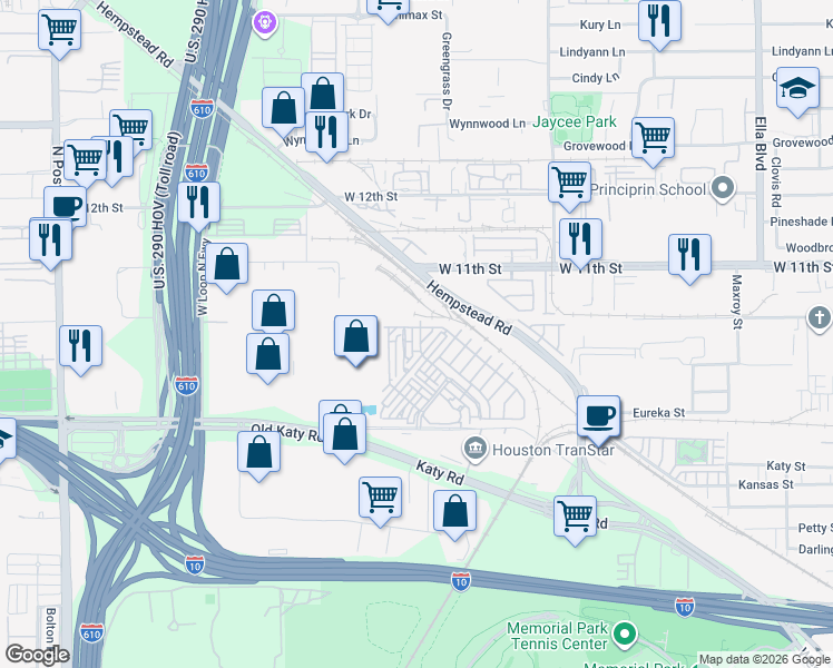 map of restaurants, bars, coffee shops, grocery stores, and more near 947 Blackshire Lane in Houston