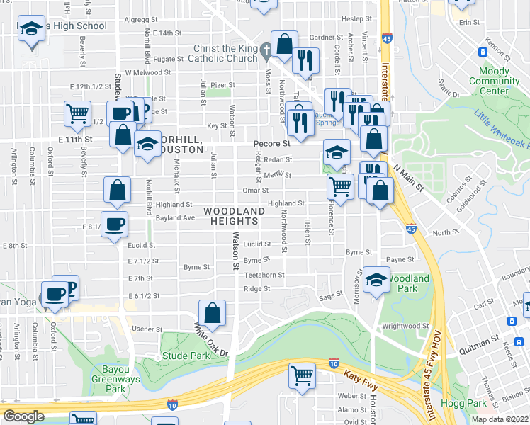 map of restaurants, bars, coffee shops, grocery stores, and more near 625 Bayland Avenue in Houston