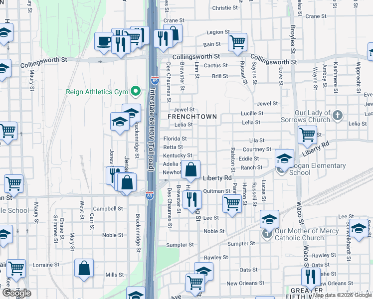 map of restaurants, bars, coffee shops, grocery stores, and more near 3210 Retta Street in Houston