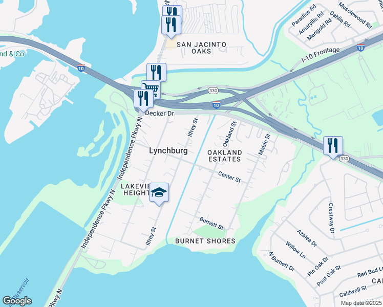map of restaurants, bars, coffee shops, grocery stores, and more near 128 Ilfrey Street in Baytown