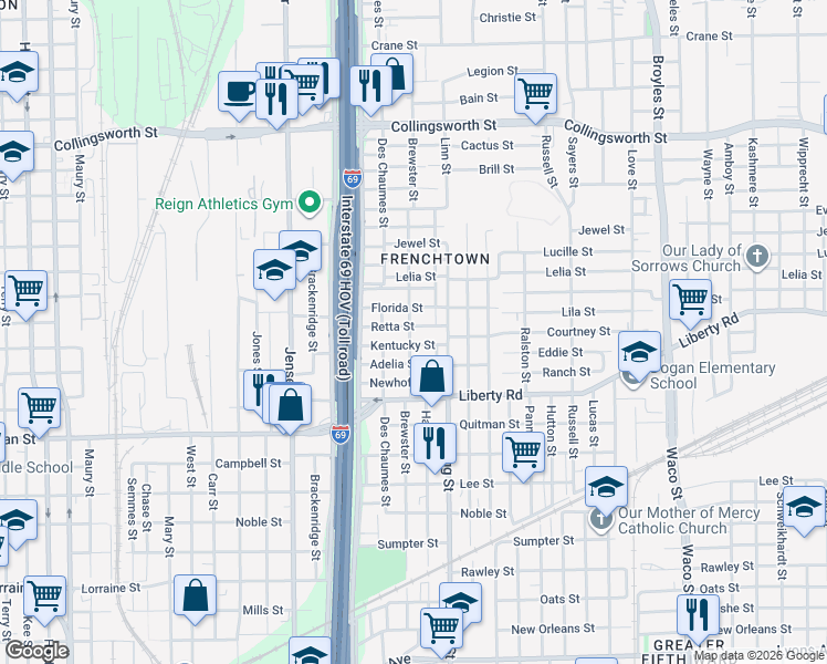 map of restaurants, bars, coffee shops, grocery stores, and more near 3210 Retta Street in Houston