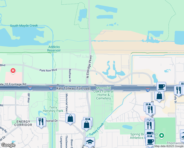 map of restaurants, bars, coffee shops, grocery stores, and more near 585 North Dairy Ashford Road in Houston