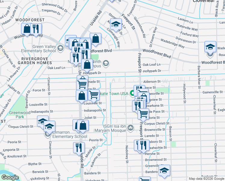 map of restaurants, bars, coffee shops, grocery stores, and more near 13702 Force Street in Houston