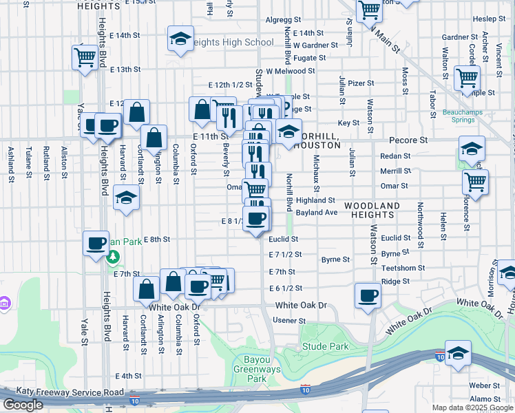 map of restaurants, bars, coffee shops, grocery stores, and more near 833 Studewood Street in Houston