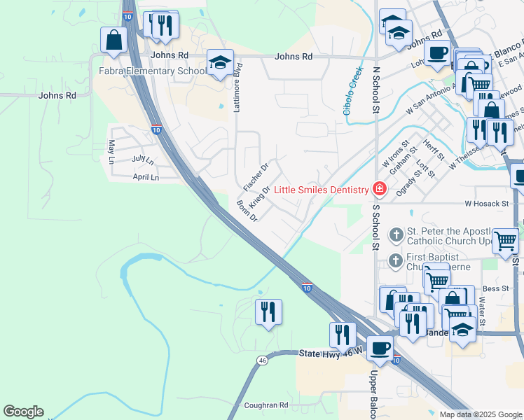 map of restaurants, bars, coffee shops, grocery stores, and more near 116 Kassel Drive in Boerne