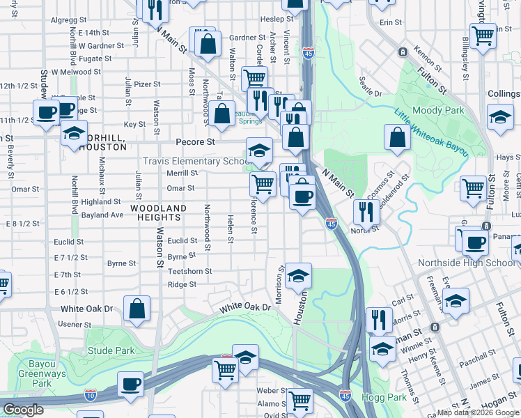 map of restaurants, bars, coffee shops, grocery stores, and more near 307 Bayland Avenue in Houston