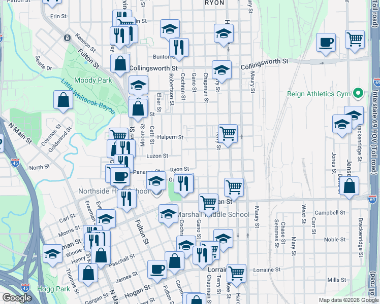 map of restaurants, bars, coffee shops, grocery stores, and more near 2819 Gano Street in Houston