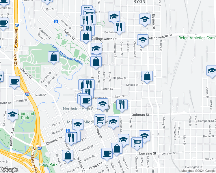 map of restaurants, bars, coffee shops, grocery stores, and more near 2807 Elser Street in Houston