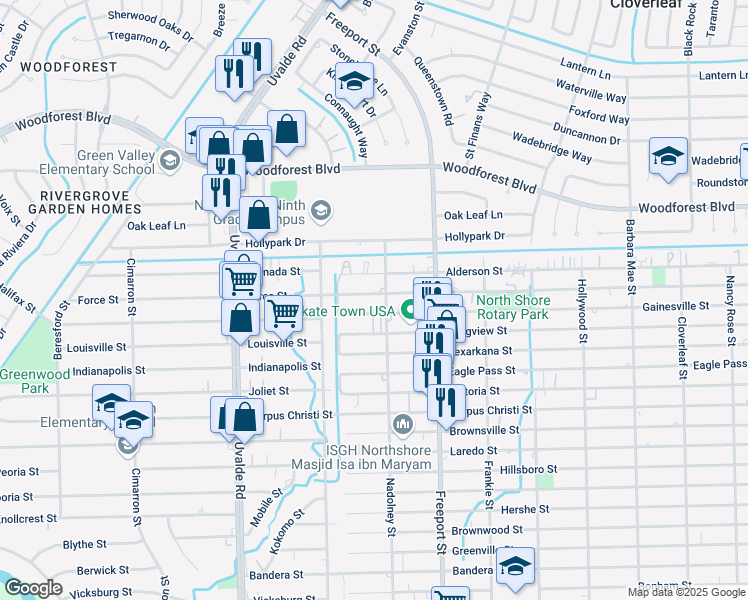 map of restaurants, bars, coffee shops, grocery stores, and more near 13734 Force Street in Houston