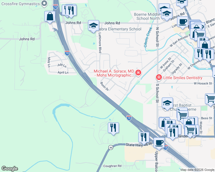 map of restaurants, bars, coffee shops, grocery stores, and more near 109 Krieg Drive in Boerne