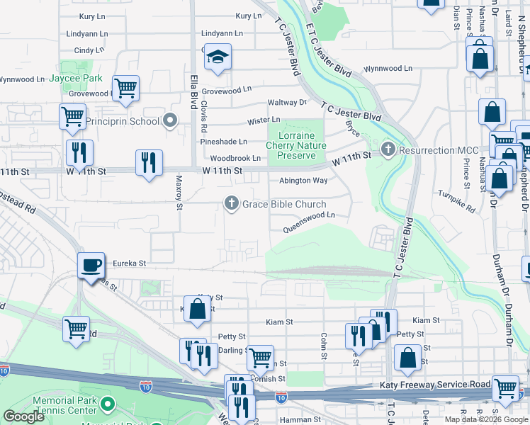 map of restaurants, bars, coffee shops, grocery stores, and more near 923 Shirkmere Road in Houston