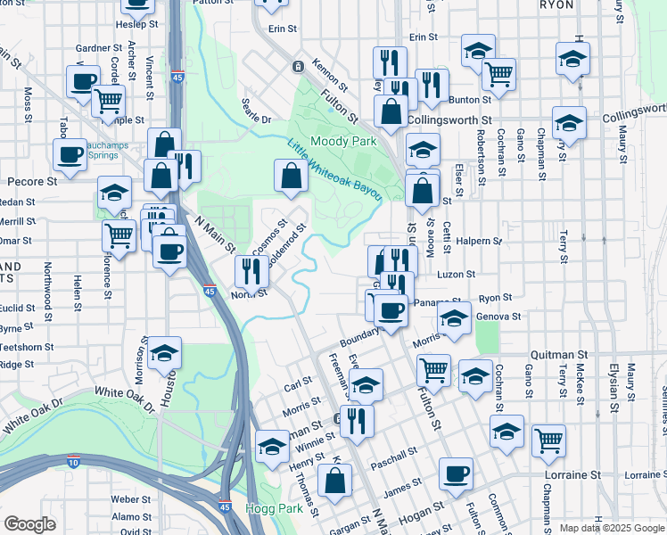 map of restaurants, bars, coffee shops, grocery stores, and more near 717 Booth Street in Houston