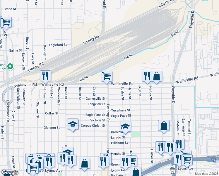 map of restaurants, bars, coffee shops, grocery stores, and more near 107 Lathrop Street in Houston