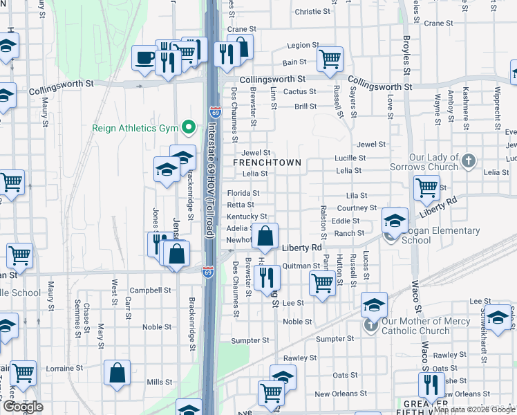 map of restaurants, bars, coffee shops, grocery stores, and more near 3210 Retta Street in Houston