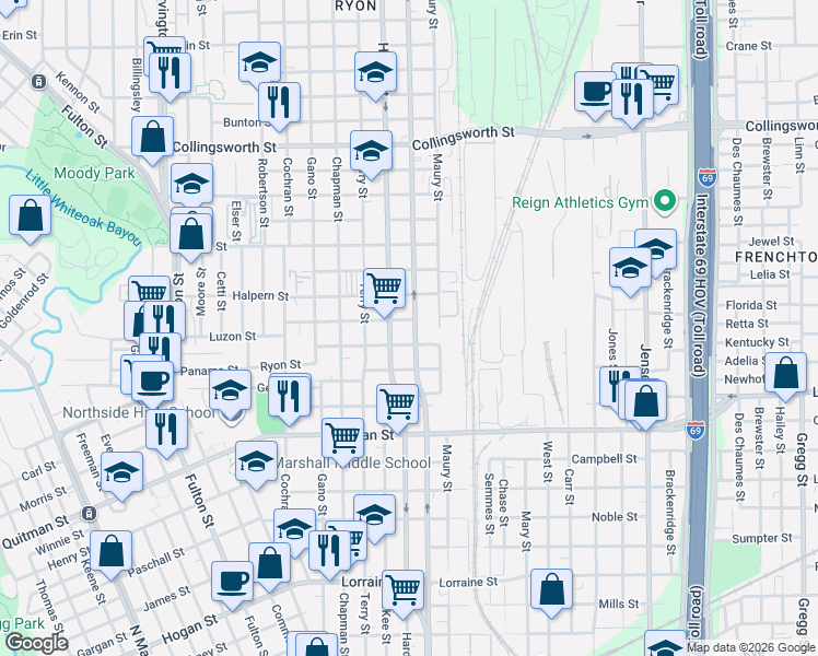 map of restaurants, bars, coffee shops, grocery stores, and more near 2812 Hardy Street in Houston