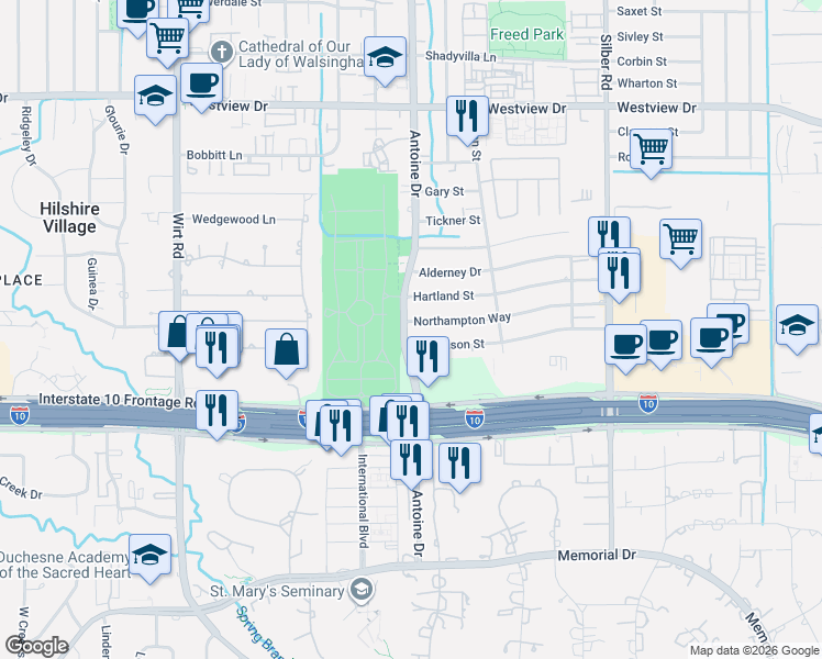 map of restaurants, bars, coffee shops, grocery stores, and more near 1101 Antoine Drive in Houston