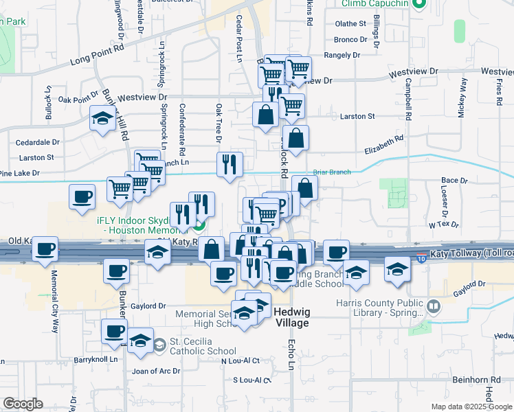 map of restaurants, bars, coffee shops, grocery stores, and more near 166 Cedar Post Lane in Houston