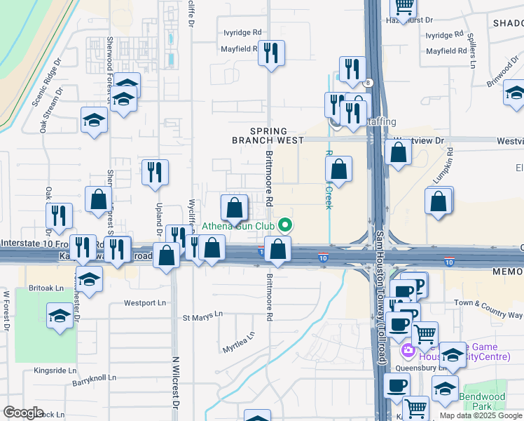 map of restaurants, bars, coffee shops, grocery stores, and more near 10902 Katy Freeway in Houston