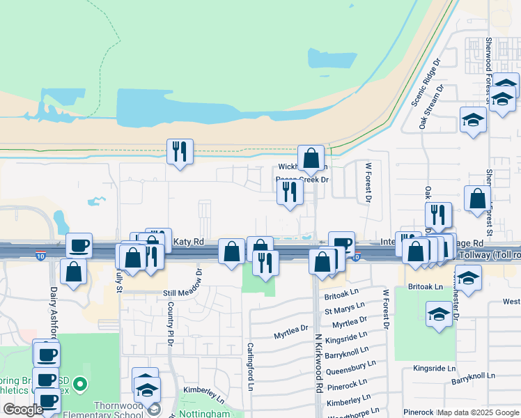 map of restaurants, bars, coffee shops, grocery stores, and more near 11750 Katy Freeway in Houston