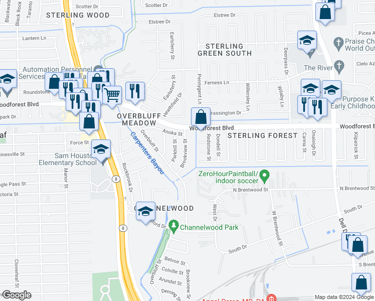 map of restaurants, bars, coffee shops, grocery stores, and more near 802 Brookview Street in Channelview