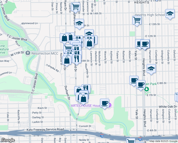 map of restaurants, bars, coffee shops, grocery stores, and more near 902 Alexander Street in Houston
