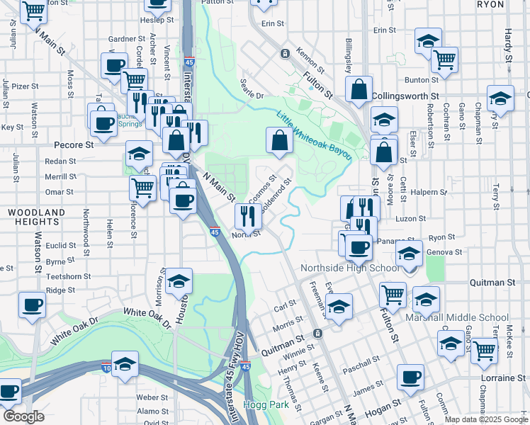 map of restaurants, bars, coffee shops, grocery stores, and more near 111 Goldenrod Street in Houston