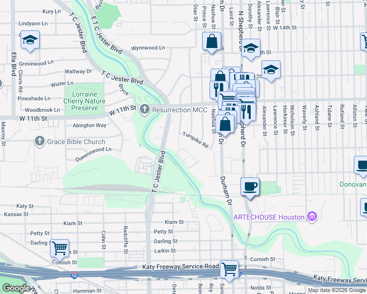 map of restaurants, bars, coffee shops, grocery stores, and more near 743 Worthshire Street in Houston