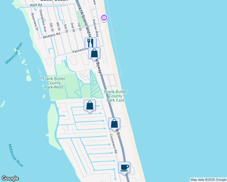map of restaurants, bars, coffee shops, grocery stores, and more near 5835 Gloria Avenue in St. Augustine