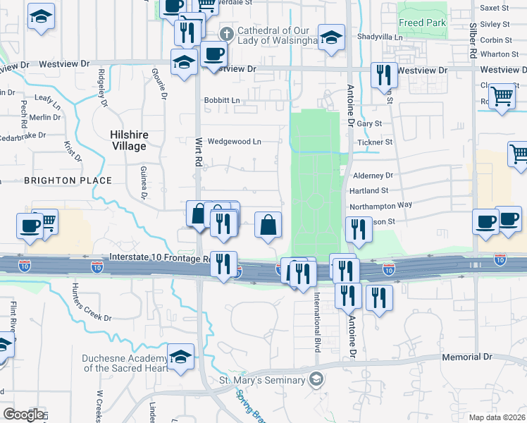 map of restaurants, bars, coffee shops, grocery stores, and more near 7615 Bryonwood Drive in Houston