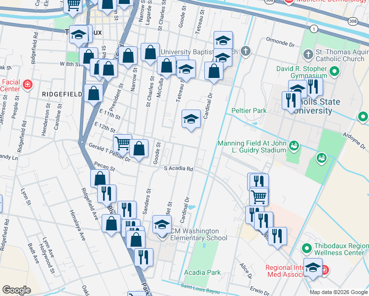 map of restaurants, bars, coffee shops, grocery stores, and more near 1204 Ledet Street in Thibodaux