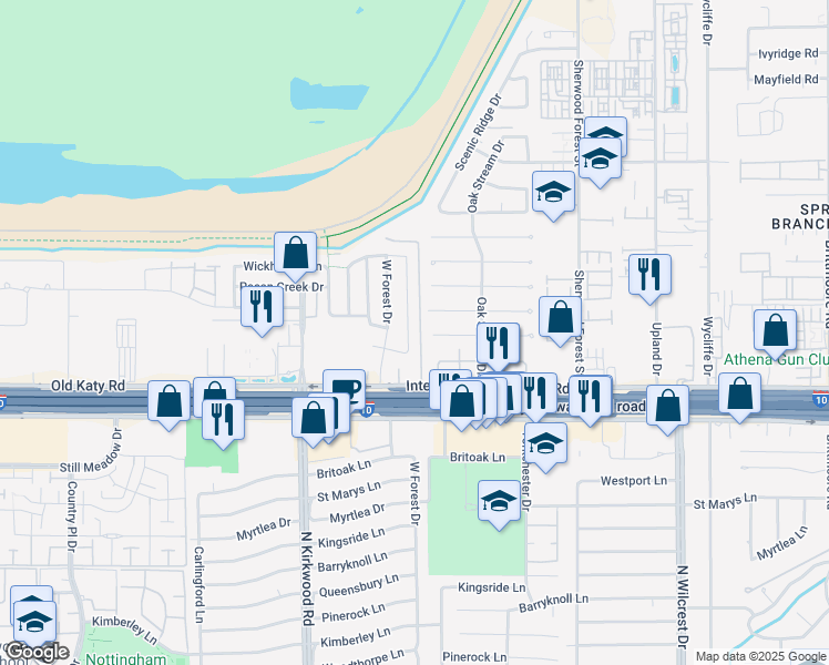 map of restaurants, bars, coffee shops, grocery stores, and more near 1222 Westwick Forest Lane in Houston
