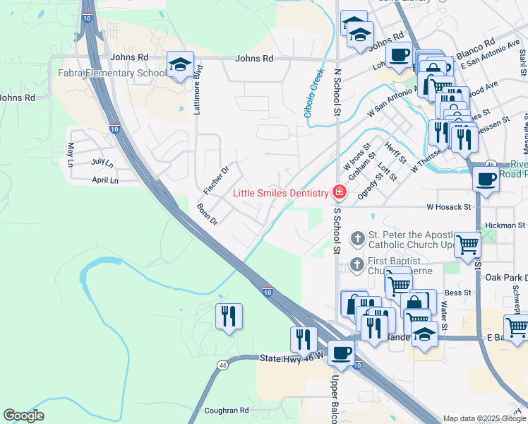 map of restaurants, bars, coffee shops, grocery stores, and more near 213 Ludwig Drive in Boerne