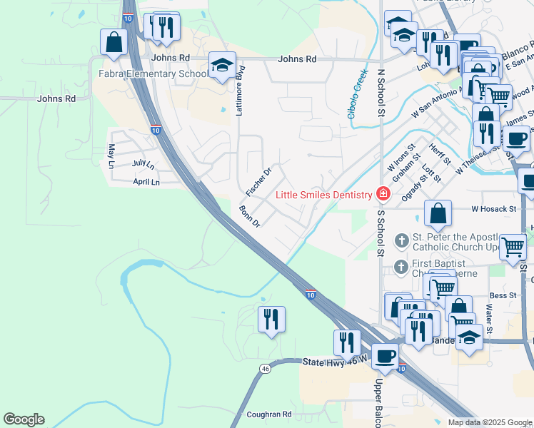 map of restaurants, bars, coffee shops, grocery stores, and more near 109 Krieg Drive in Boerne