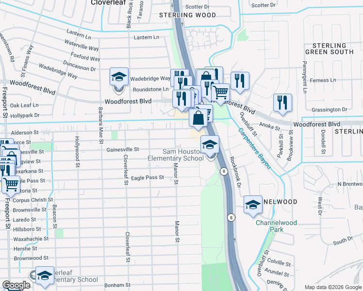 map of restaurants, bars, coffee shops, grocery stores, and more near 14607 Gainesville Street in Houston