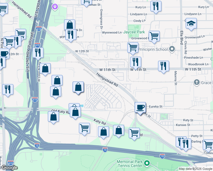 map of restaurants, bars, coffee shops, grocery stores, and more near 8413 Hempstead Road in Houston