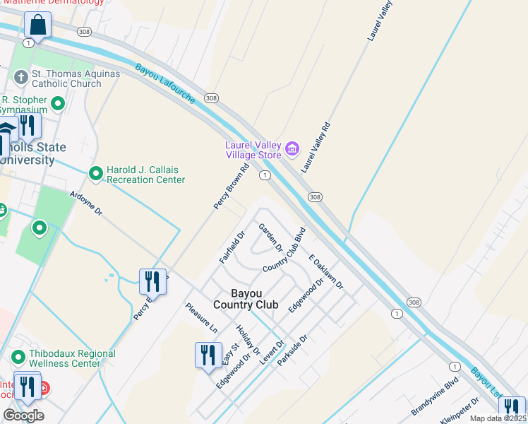 map of restaurants, bars, coffee shops, grocery stores, and more near 100-198 Fairfield Drive in Thibodaux
