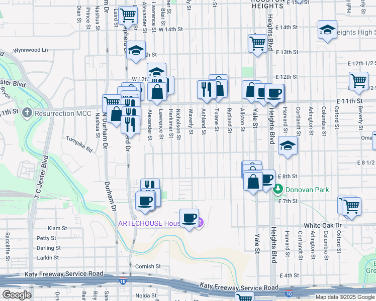 map of restaurants, bars, coffee shops, grocery stores, and more near 701 West 9th Street in Houston