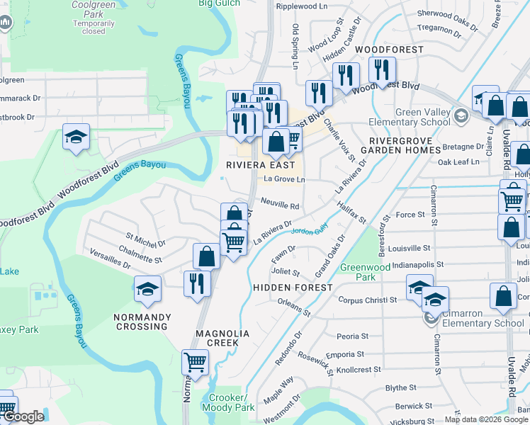 map of restaurants, bars, coffee shops, grocery stores, and more near 695 Normandy Street in Houston
