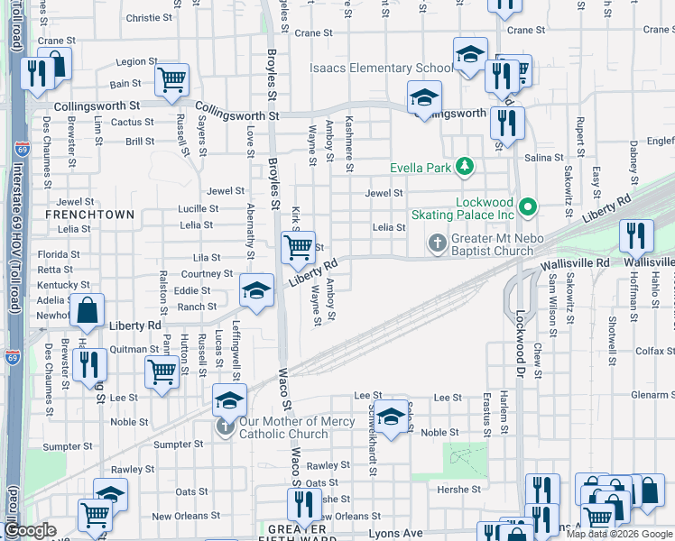 map of restaurants, bars, coffee shops, grocery stores, and more near 4428 Liberty Road in Houston