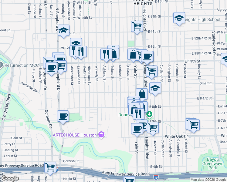 map of restaurants, bars, coffee shops, grocery stores, and more near 407 West 9th Street in Houston