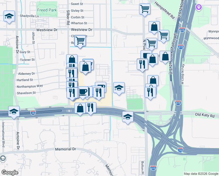 map of restaurants, bars, coffee shops, grocery stores, and more near 7501 Awty School Lane in Houston
