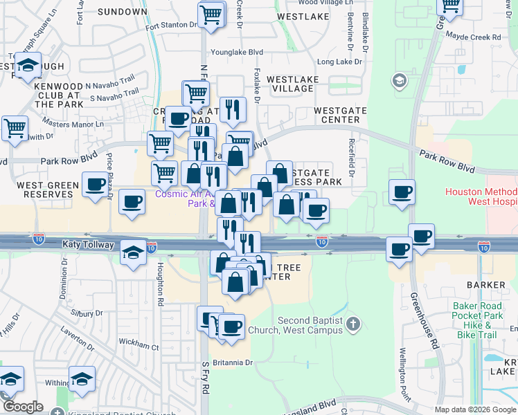 map of restaurants, bars, coffee shops, grocery stores, and more near Foxlake Dr in Houston