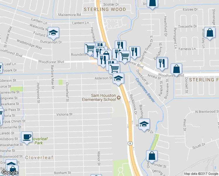 map of restaurants, bars, coffee shops, grocery stores, and more near 14641 Gainesville Street in Houston
