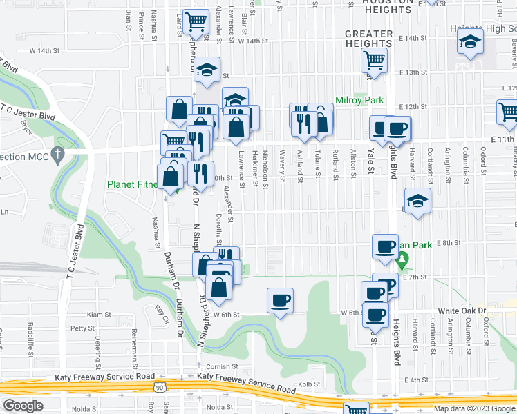map of restaurants, bars, coffee shops, grocery stores, and more near 809 West 9th Street in Houston