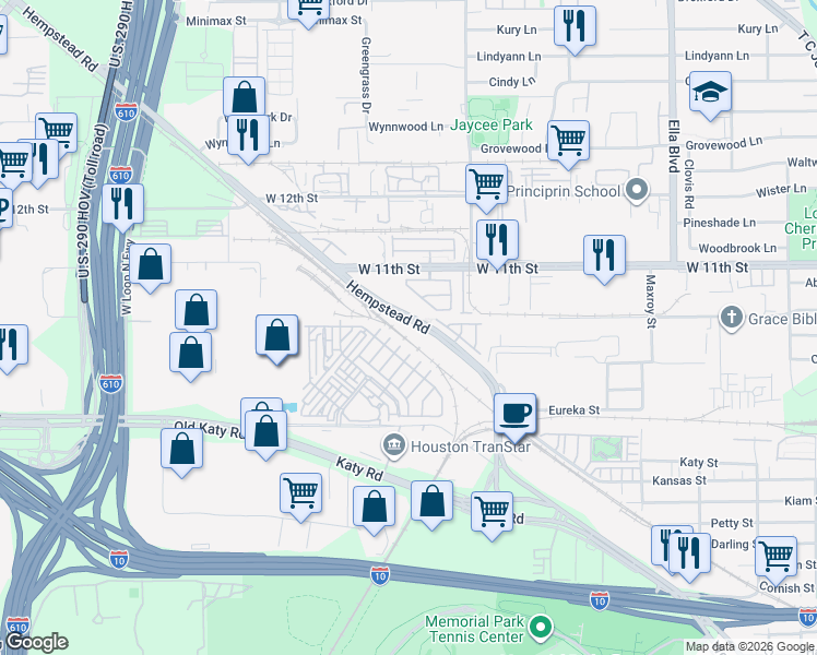 map of restaurants, bars, coffee shops, grocery stores, and more near 8413 Hempstead Road in Houston