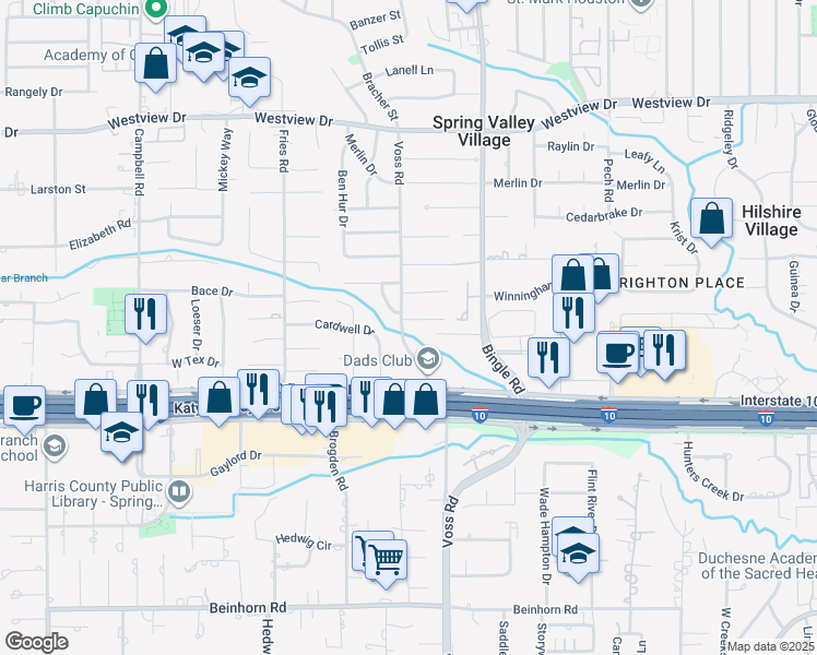 map of restaurants, bars, coffee shops, grocery stores, and more near 8723 Green Valley Drive in Houston